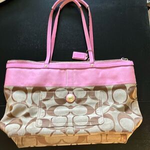 Coach Signature Stripe Tote 11691 Khaki Pink Patent Leather Tote Handbag Shoulde